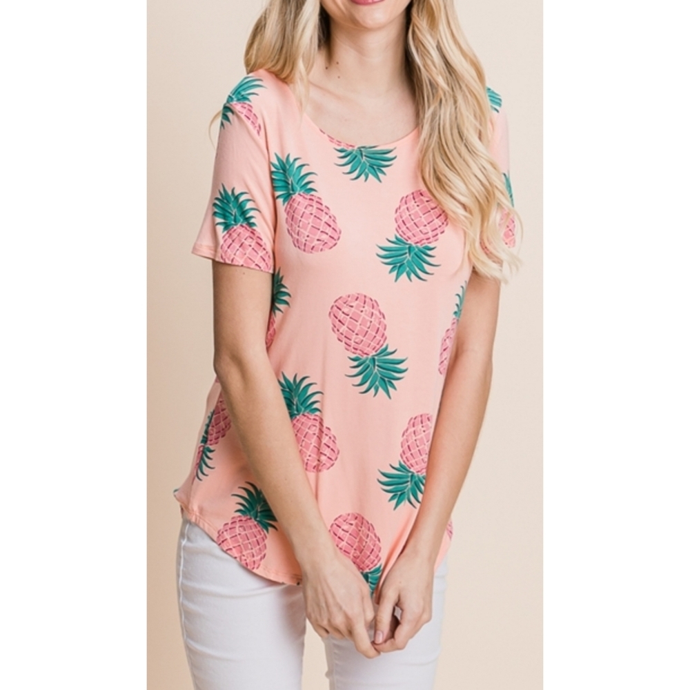 18 bright peach pineapple print open back short sleeve tunic top - Picture 2 of 3